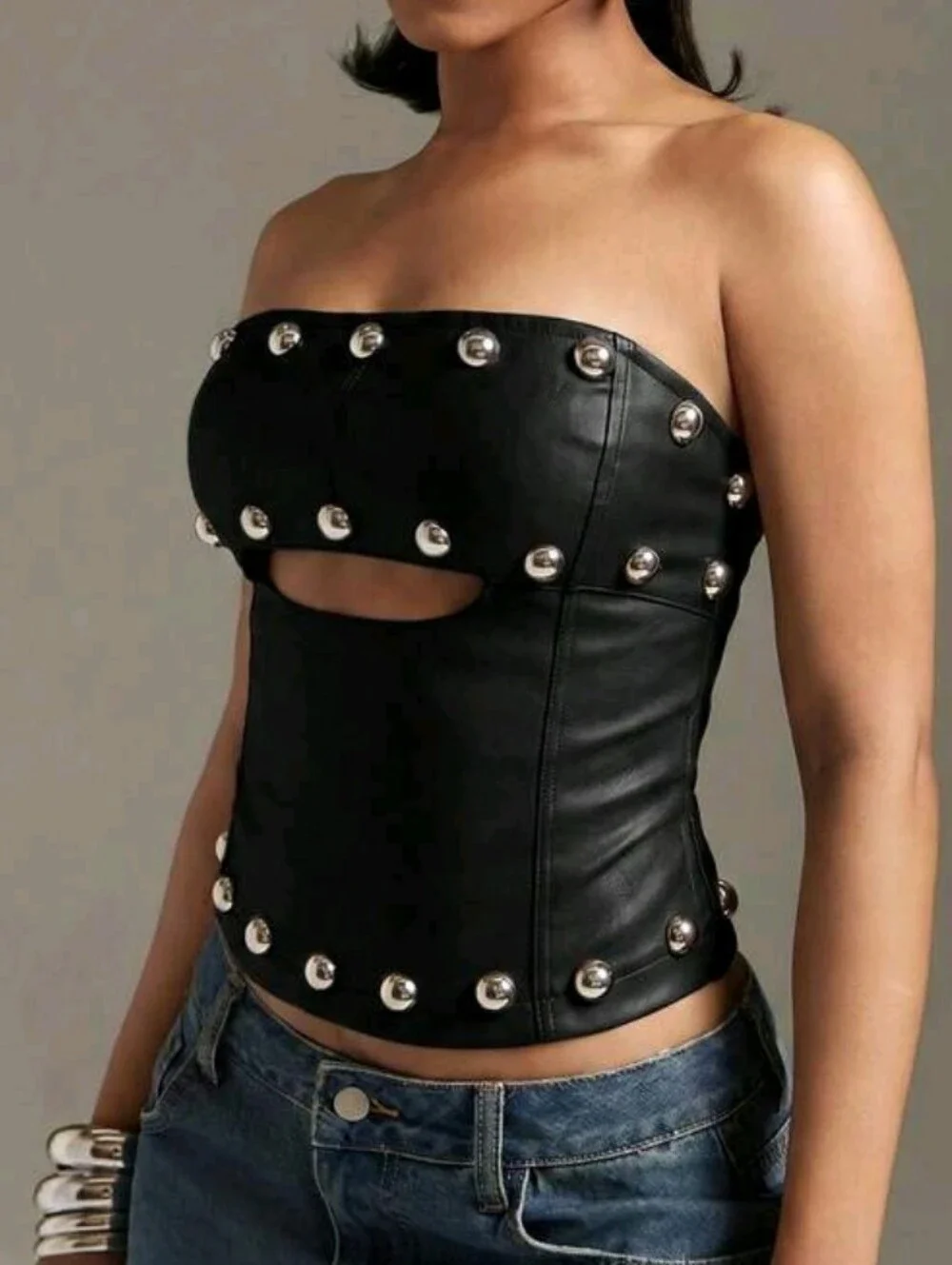 Strapless Black Faux Leather Studded Corset Top XL - Picture 4 of 7